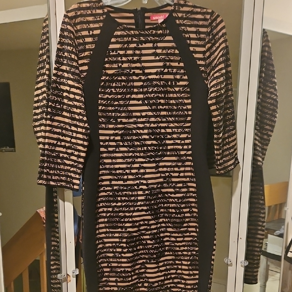 Elegant Black and Tan Striped Dress